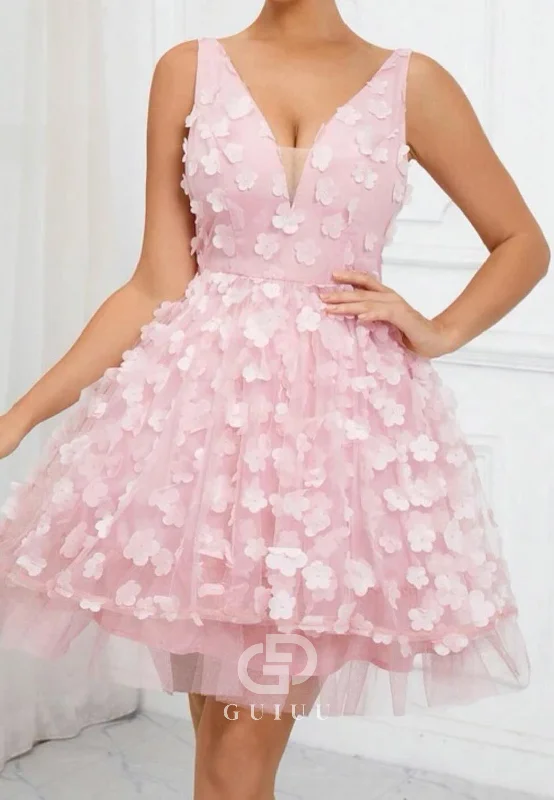 GH975 - A-Line V Neck Straps Sleeveless Back Zipper Tulle Tiered Homecoming Dress with Flowers Tulle Ball Gown