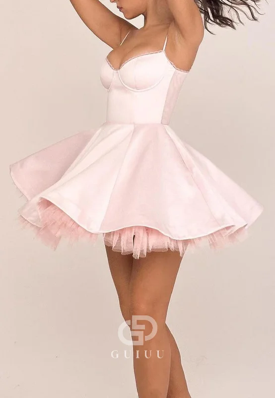 GH974 - A-Line Strapless Straps Sleeveless Tulle Tiered Satin Short Homecoming Dress Tulle Cocktail Dress