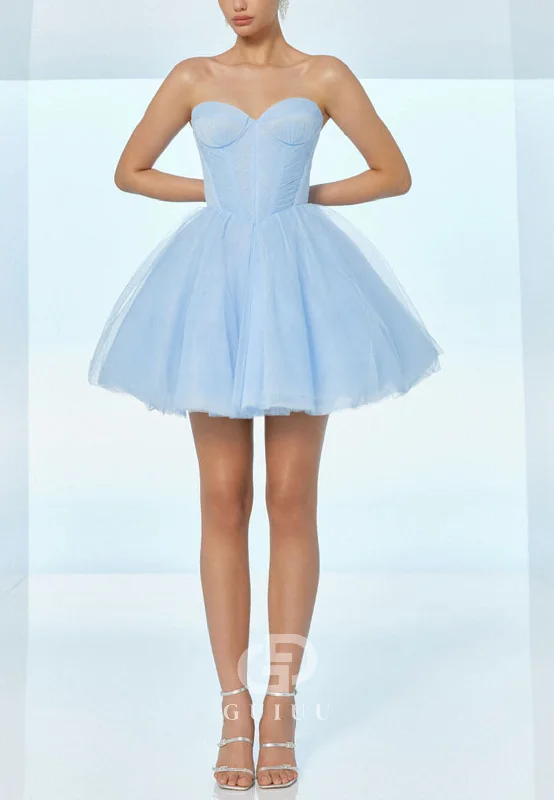 GH991 - A-Line Strapless Sleeveless Lace Up Tulle Short Homecoming Dress White Lace Tulle