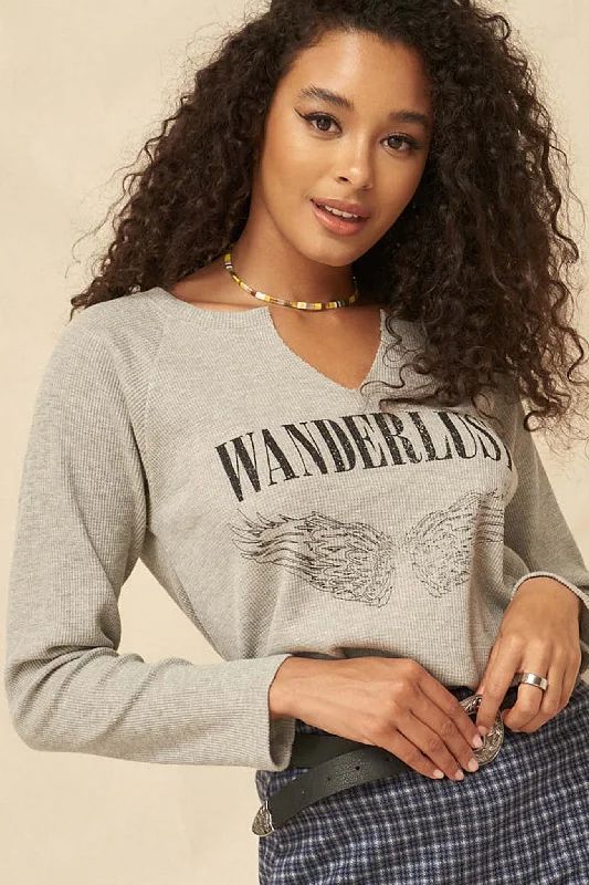 Wanderlust Vintage Split-Neck Thermal Graphic Top Plush Hoodie Sweatshirt