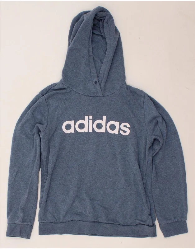 ADIDAS Womens Graphic Hoodie Jumper UK 12/14 Medium Blue Cotton Crewneck sweaters