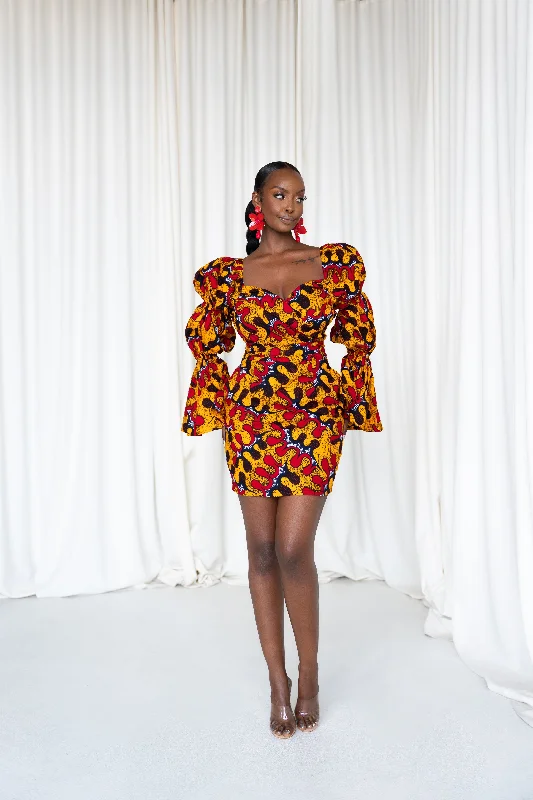 LIRA African Print Off-shoulder Puffy Sleeve Mini Dress Ruffled mini dresses