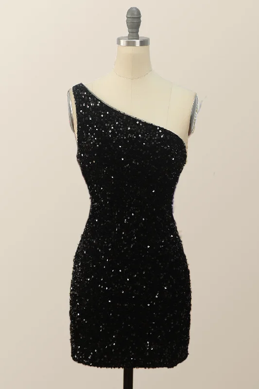 One Shoulder Black Sequin Bodycon Mini Dress Goth mini dresses