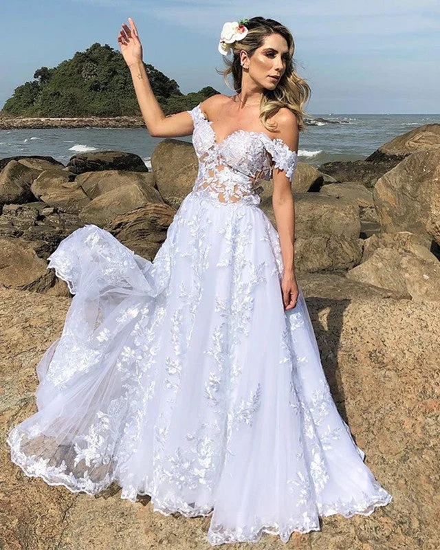 Beach Wedding Dress Tulle Off Shoulder Lace Embroidery Elegant Bridal Gown