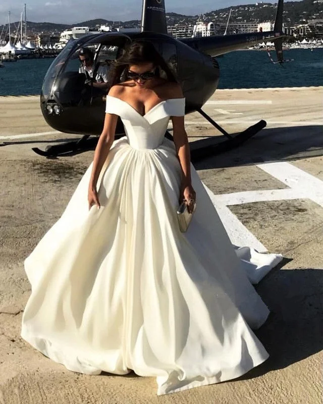 Deep V-neck Ball Gowns Satin Wedding Dresses Off The Shoulder Lace A-line Dress