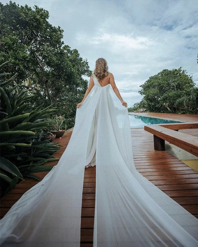 Boho Style Chiffon One Shoulder Split Wedding Dress With Cape Long Sleeve Gown