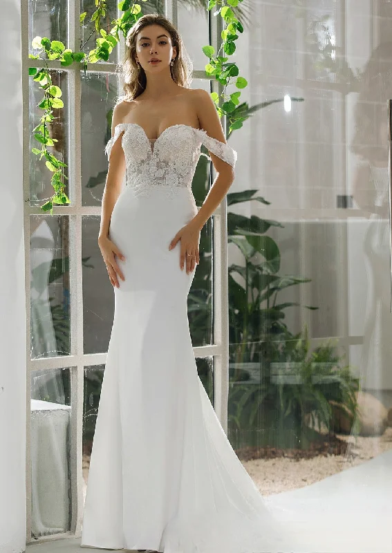 Sheath Crepe Bridal Gown With Off-Shoulder Straps Sparkling Bridal Gown