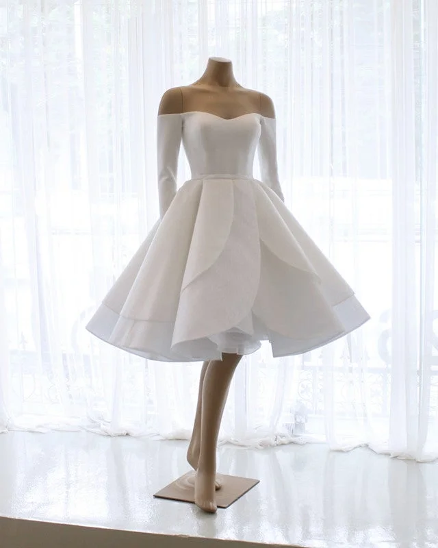 Short Wedding Dresses Ruffle Ball Gown With Long Sleeves Elegant A-line Gown