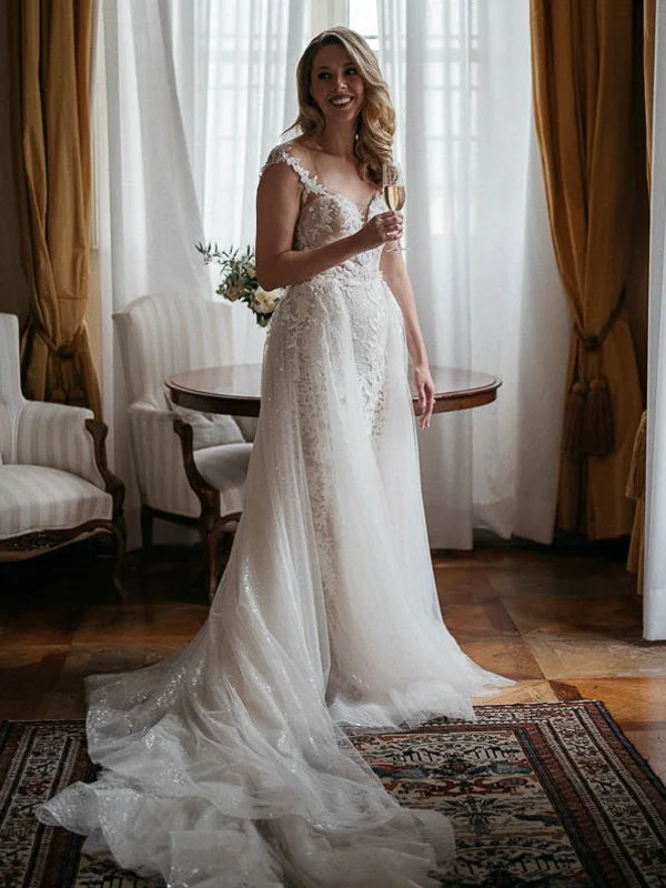 Spaghetti Straps A-line Tulle Lace Long Wedding Dresses With Train. WDS0112 Modern Lace Gown