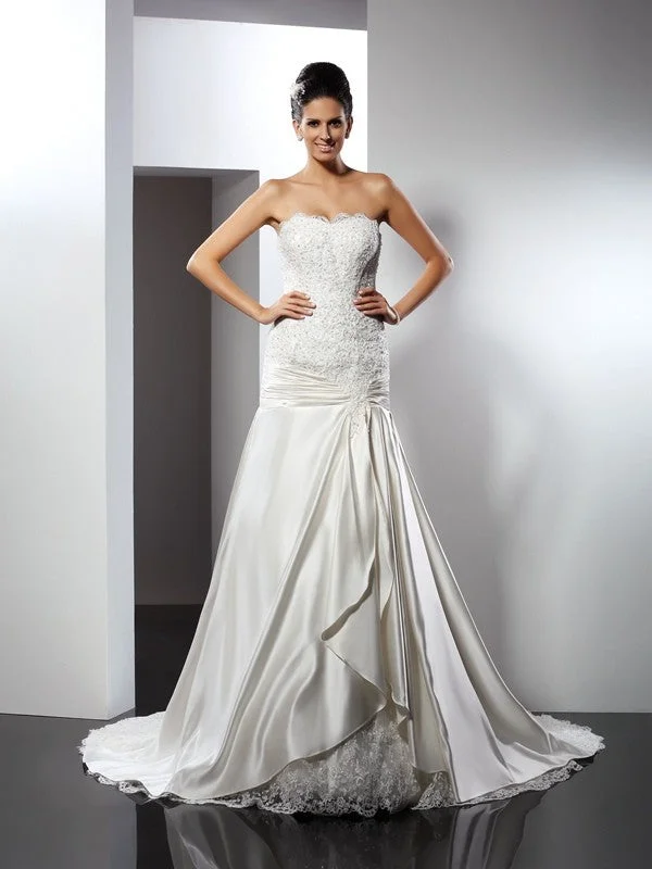 Trumpet/Mermaid Sweetheart Applique Sleeveless Long Satin Wedding Dresses TPP0006815 Elegant Lace Gown