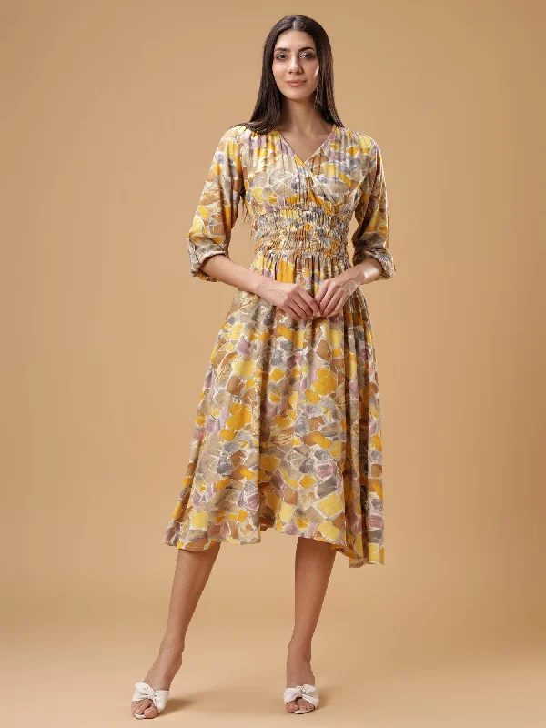 Floral Print Puff Sleeves Smocked Liva Fit & Flare Midi Dress Formal midi dresses