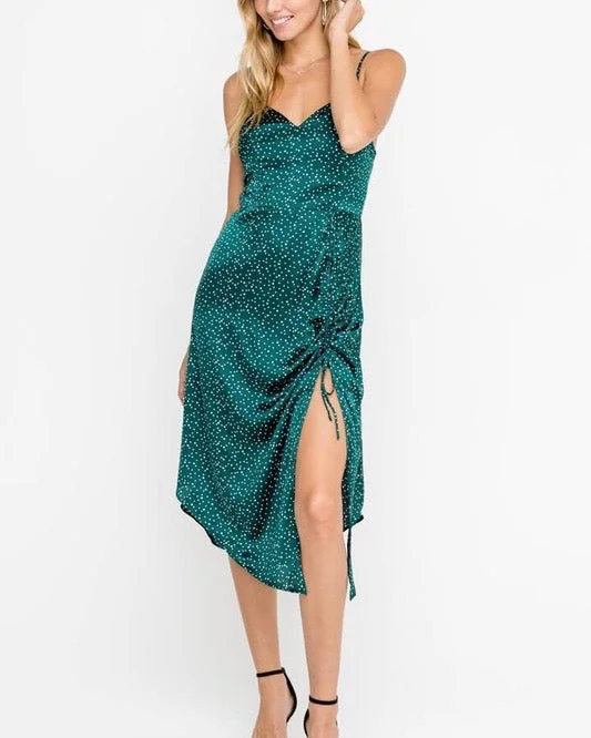 LUSH - Silky Dotted Sleeveless Drawstring Accent Cocktail Midi Dress in Green Vintage midi dresses