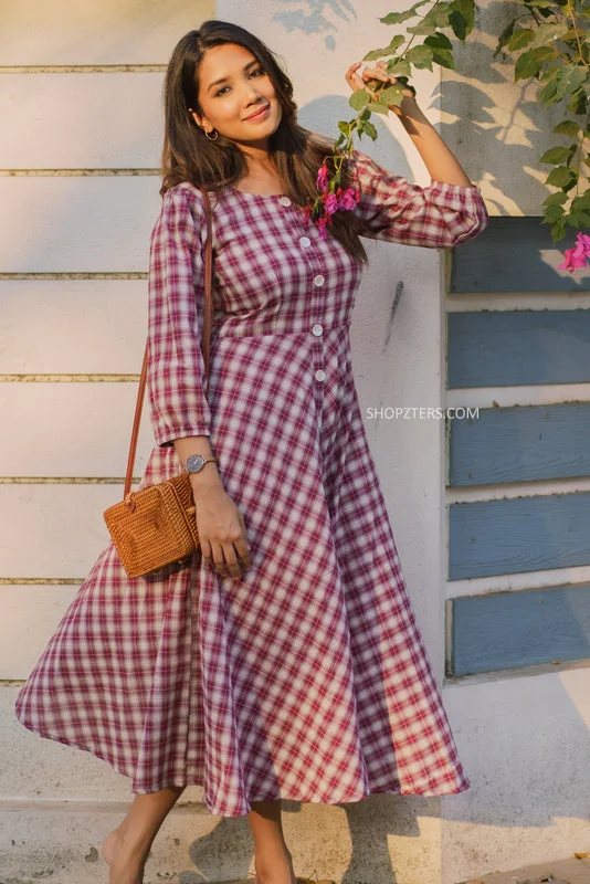 Magenta Checks Midi Dress Casual midi dresses