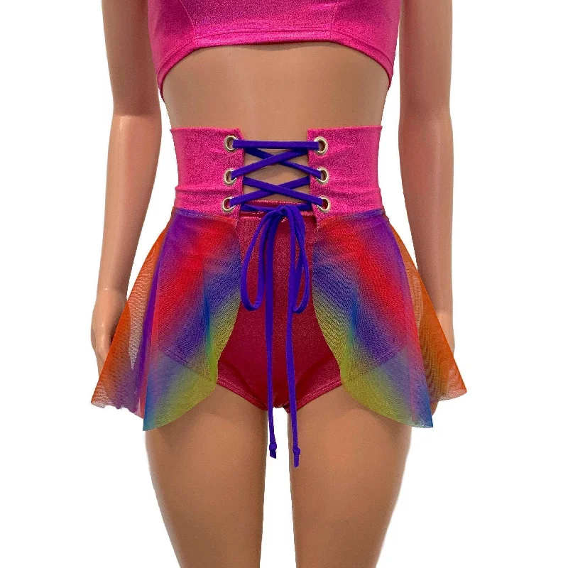 Lace-Up Corset Skirt - Rainbow Mesh w/Pink Sparkle Printed unclassified skirts