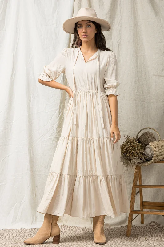 Maxi Dress with Mock Neck Self Tie Detail - Cream Anniversary maxi dresses