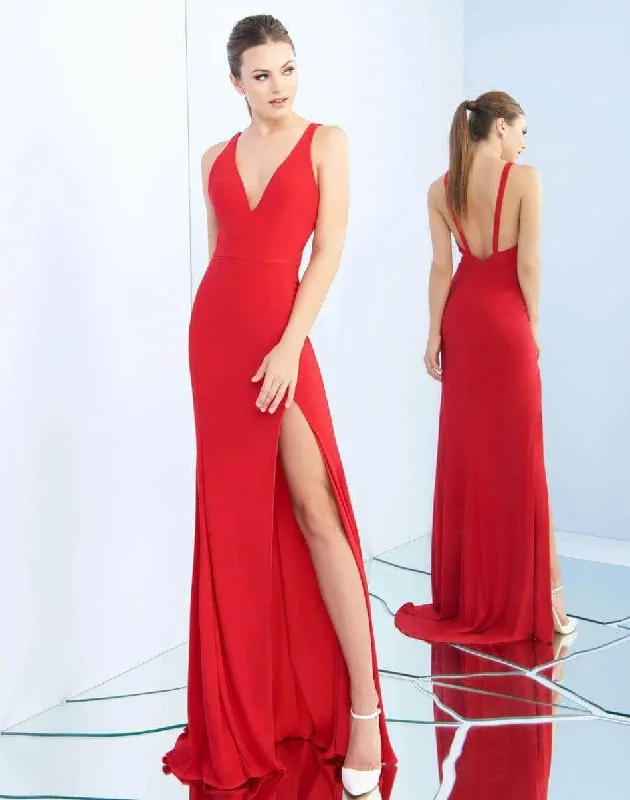 Ieena Duggal - 25846I V-Neck High Slit Sheath Gown Tulle party dresses