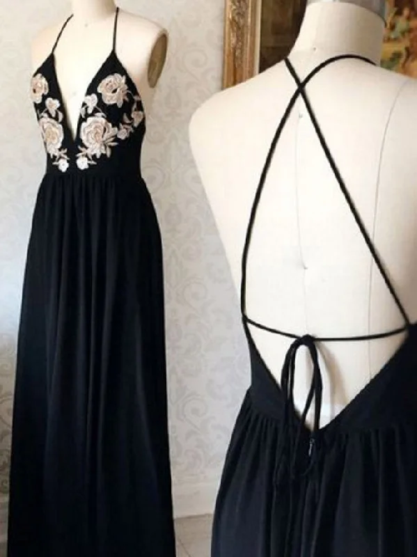 Black Prom Dresses Spaghetti Straps A line Appliques Chiffon Sexy Prom Dress JKL689 Cotton unclassified dresses