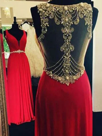 Red Prom Dresses V-neck Rhinestone Floor-length Sexy Prom Dress/Evening Dress JKL129 Boho unclassified dresses