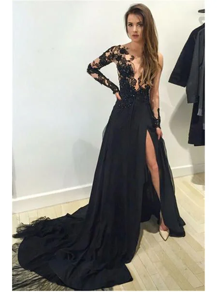 Sexy Black Prom Dresses Scoop Sweep/Brush Train Slit Prom Dress/Evening Dress JKL295 Tulle unclassified dresses Sexy Black Prom Dresses Scoop Sweep/Brush Train Slit Prom Dress/Evening Dress JKL295 Tulle unclassified dresses