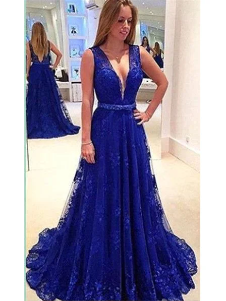 Sexy Prom Dresses V-neck Sweep/Brush Train Royal Blue Prom Dress/Evening Dress JKL278 Denim unclassified dresses