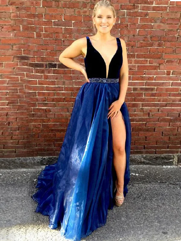 Slit Prom Dresses A-line Straps Velvet Rhinestone Royal Blue Organza Prom Dress JKL613 Stretchy unclassified dresses