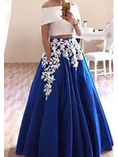 Two Piece Prom Dresses Off-the-shoulder Floor-length Satin Sexy Prom Dress/Evening Dress JKS183 Boho unclassified dresses