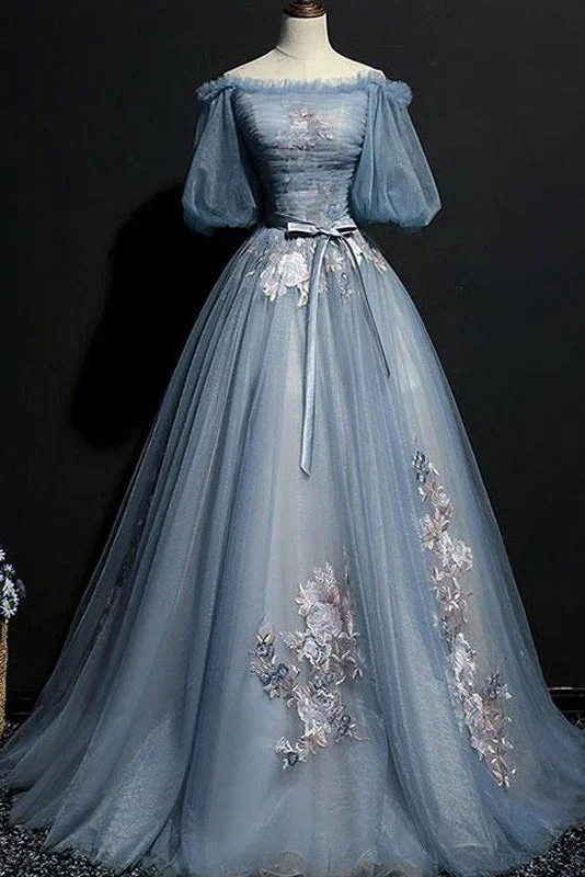 Vintage Princess Off Shoulder Dusty Blue Appliques Ball Gown Prom Dresses GJS423 Backless unclassified dresses