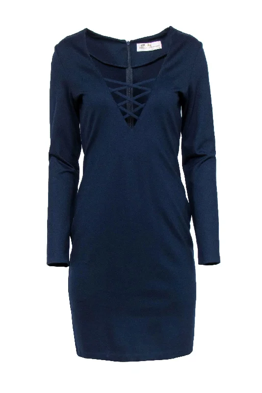 Amanda Uprichard - Navy Blue Shift Dress w/ Plunging Lace-Up Neckline Sz M Off-shoulder Lace Dress