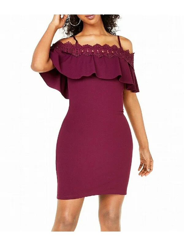 BCX Womens Burgundy Lace Zippered Spaghetti Strap Off Shoulder Short Party Sheath Dress Classic Lace Dress