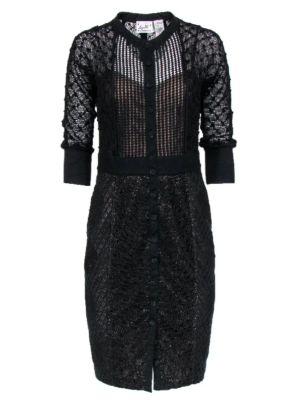 Byron Lars - Black Lace & Knit Quarter Sleeve Button-Up Sheath Dress Sz 6 Long Sleeve Lace Dress