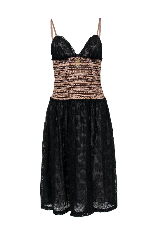 Catherine Malandrino - Black & Nude Lace Fit & Flare Dress w/ Smocked Waist Sz 6 Lace Dress Classic