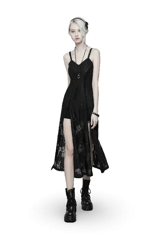 Elegant Dark Gothic Lace Strap Backless Dress Lace Dress Accent