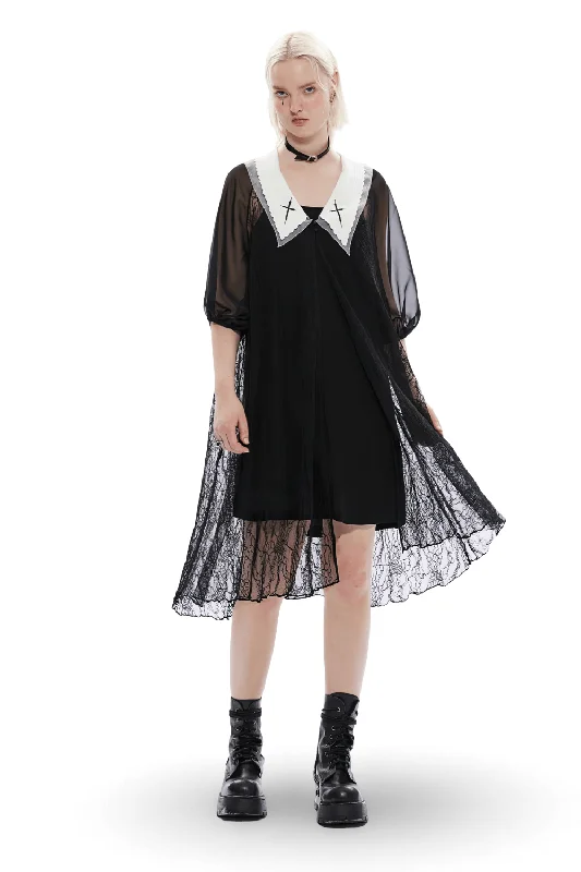 Gothic Black Lace Dress with White Peter Pan Collar Long Sleeve Lace Dress