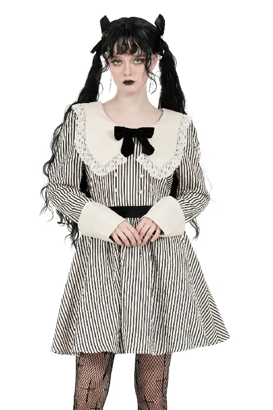 Gothic Victorian Striped Dress with Lace Collar and Cuffs Simple Lace Gown