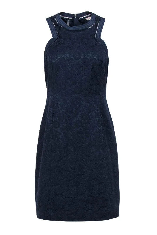 Rebecca Taylor - Navy Lace Sheath Dress w/ Lattice Trim Sz 4 Lace Evening Gown