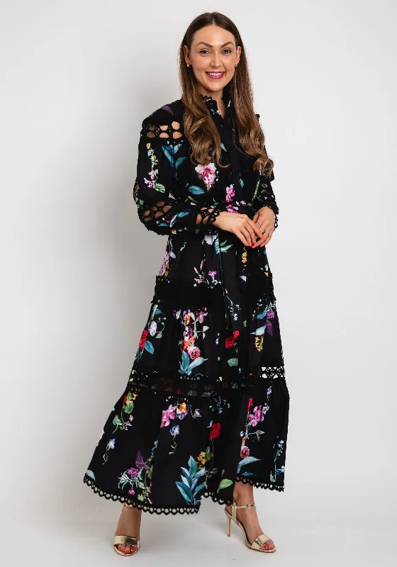 The Serafina Collection Floral Print with Broidery Maxi Dress, Black Multi Elegant Maxi Skirt