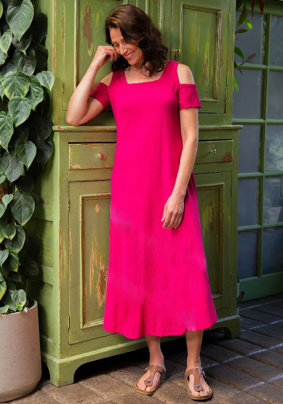 One Life Dana Cold Shoulder Maxi Dress, Fuchsia Front Pocket Maxi