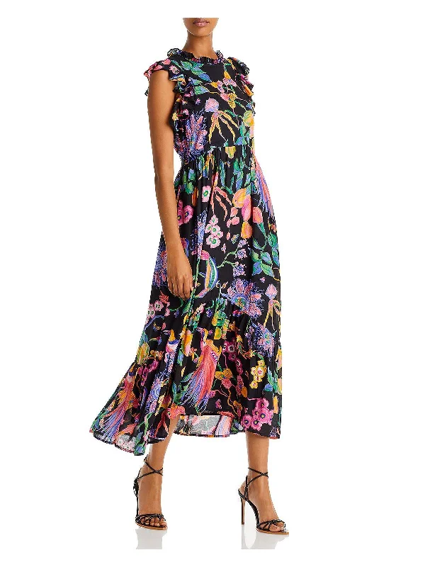 Hannah Womens Floral Flutter Sleeve Midi Dress Pleated Floral Midi