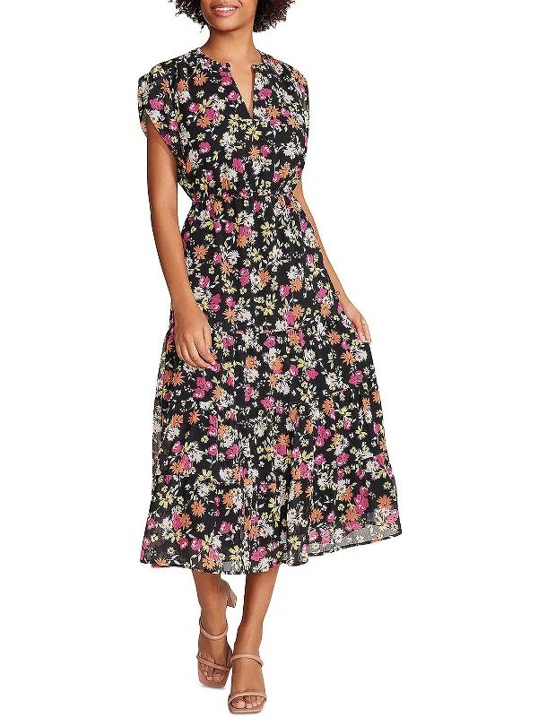 Leigh Womens Floral V Neck Midi Dress Casual Midi Skirt