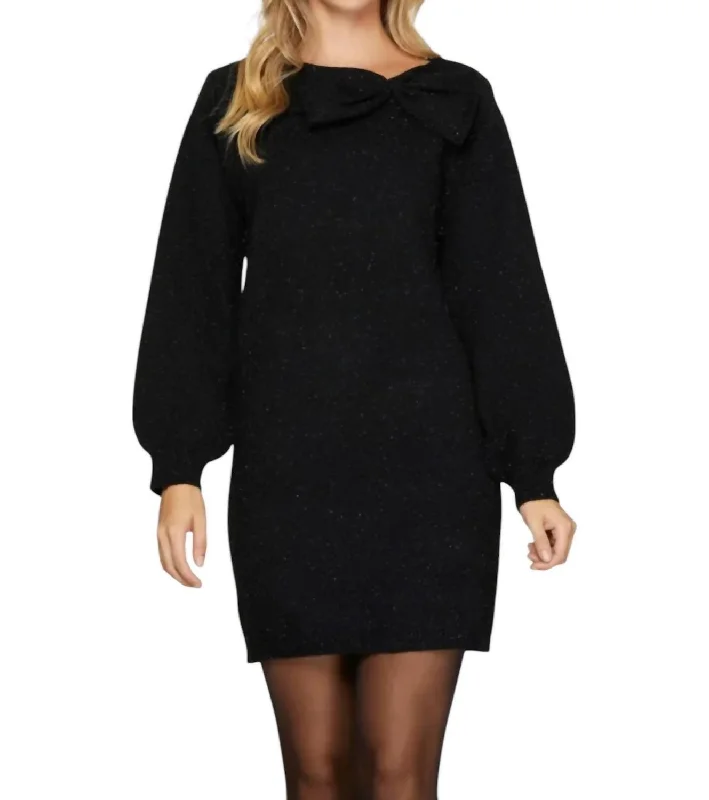 Metallic Bow Tie Sweater Dress In Black Stretch Sweater Dress