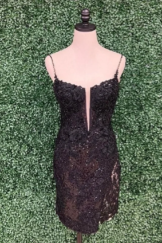 Black Straps Sequined Sheath Appliques Homecoming Dress Sequin Dress Fit