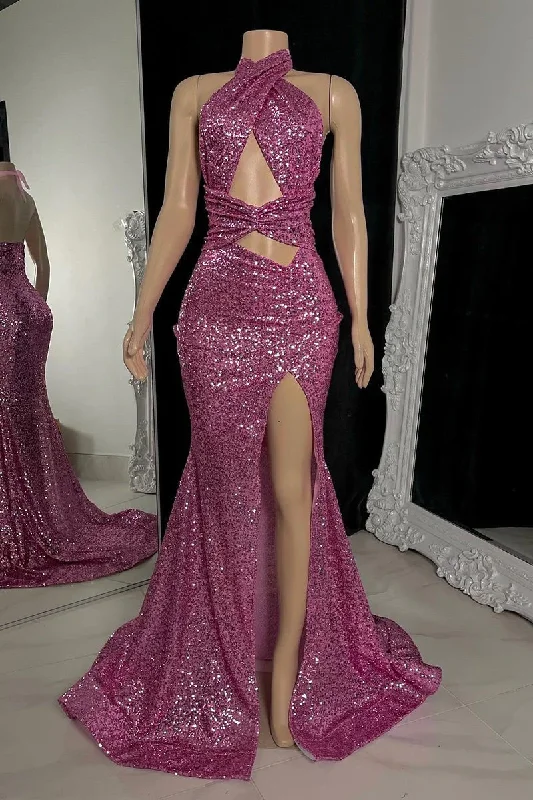 Sparkle Halter Sequined Backless Long Prom Dress with Slit,DP980 Glitter Sequin Dress