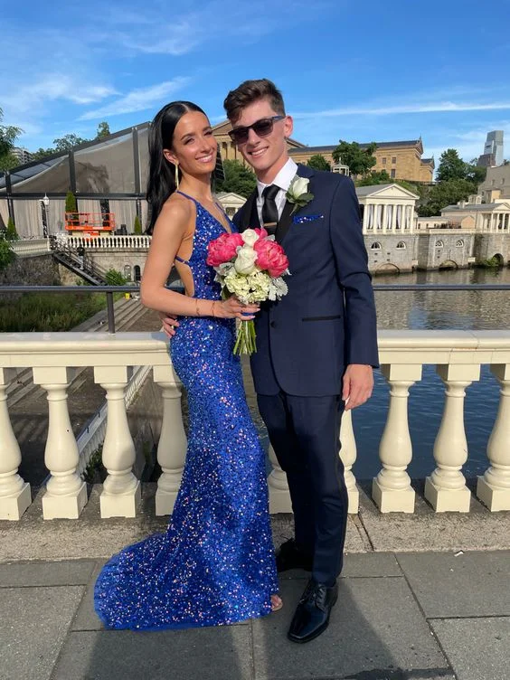 Royal Blue Sequined Mermaid Backless Prom Dress,DP939 Glamorous Sequin Dress