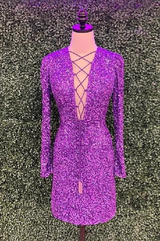 Grape Sequins Long Sleeves Sheath Plunging V Lace-Up Homecoming Dress Sequin Dress Twist