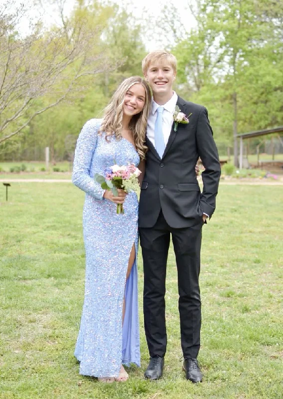 Light Blue One Shoulder Sequined Long Prom Dress with Slit,DP953 Sequin Dress Trendy