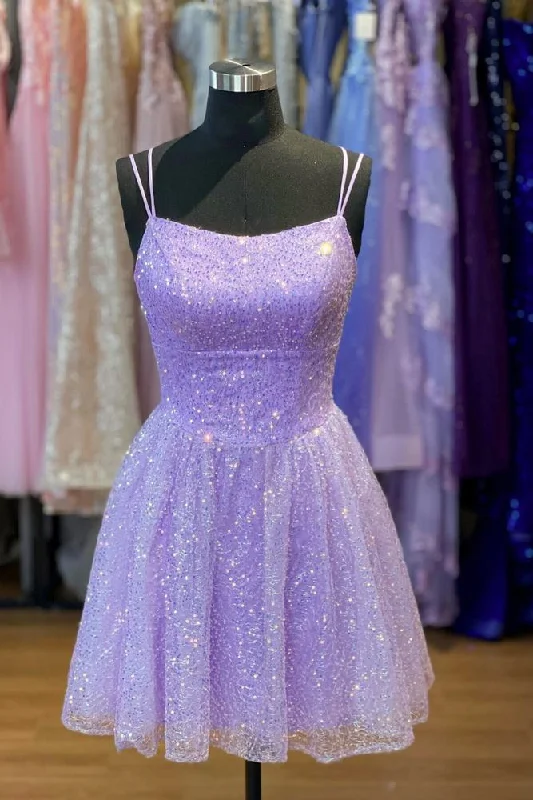 Lavender Sequins Spaghetti Strap Sheath Lace-Up Homecoming Dress Sexy Sequin Gown