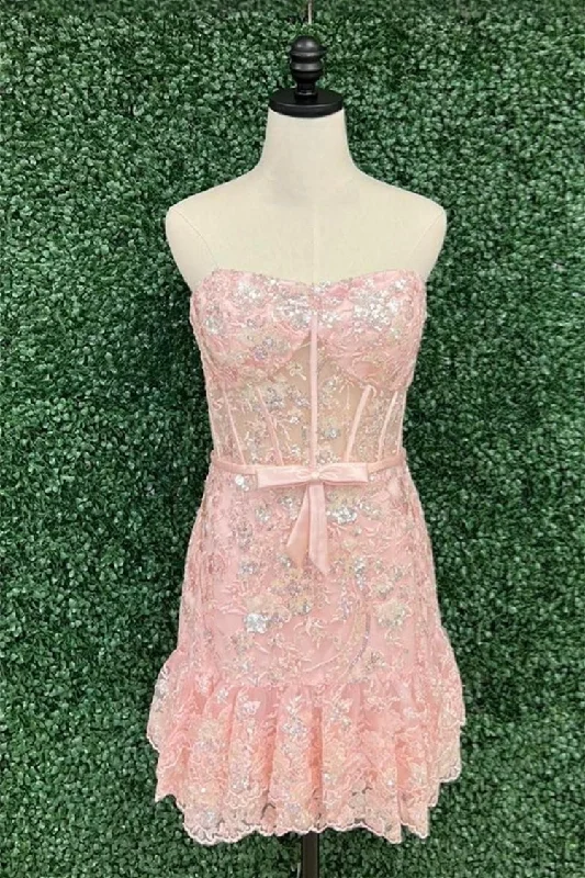 Blush Pink Sheath Ruffle Layers Sequined Strapless Homecoming Dress Party Sequin Dress