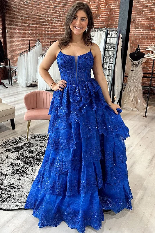 Royal Blue Sequined A-Line Tulle Lace Tiered Long Prom Dress,DP982 Blue Sequin Dress