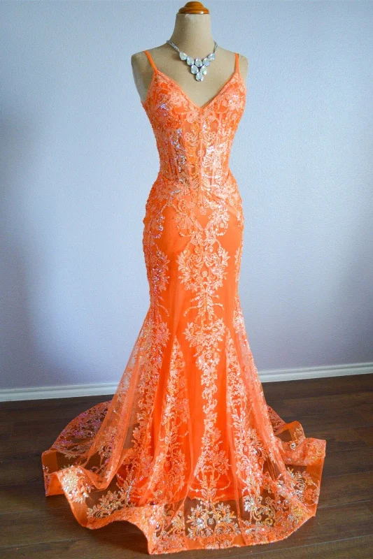 Orange Mermaid Spaghetti Straps Sequins Applique Long Formal Dress Sexy Sequin Dress