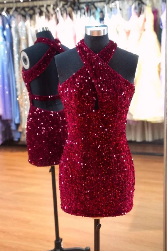 Red Halter Sheath Sequins Homecoming Dress Gold Sequin Dress